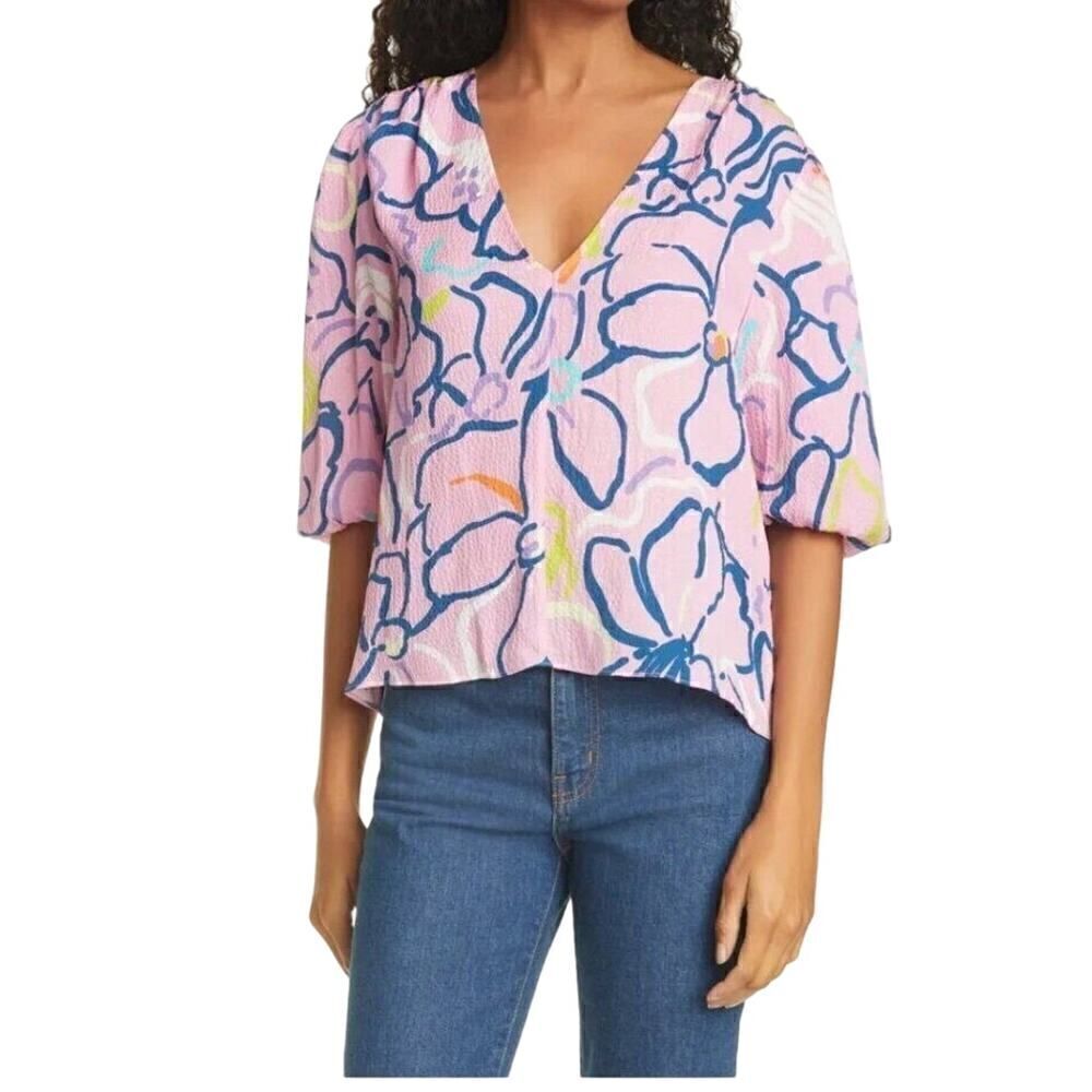 Tanya Taylor Pink Painted Floral Textured Silk 3/4 Sleeve V Neck Blouse Size 4
